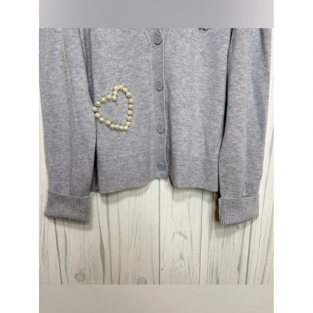 KATE SPADE NY NWOT Pearl Pave Heart Cardigan in Heather Gray, XL ($368)‎